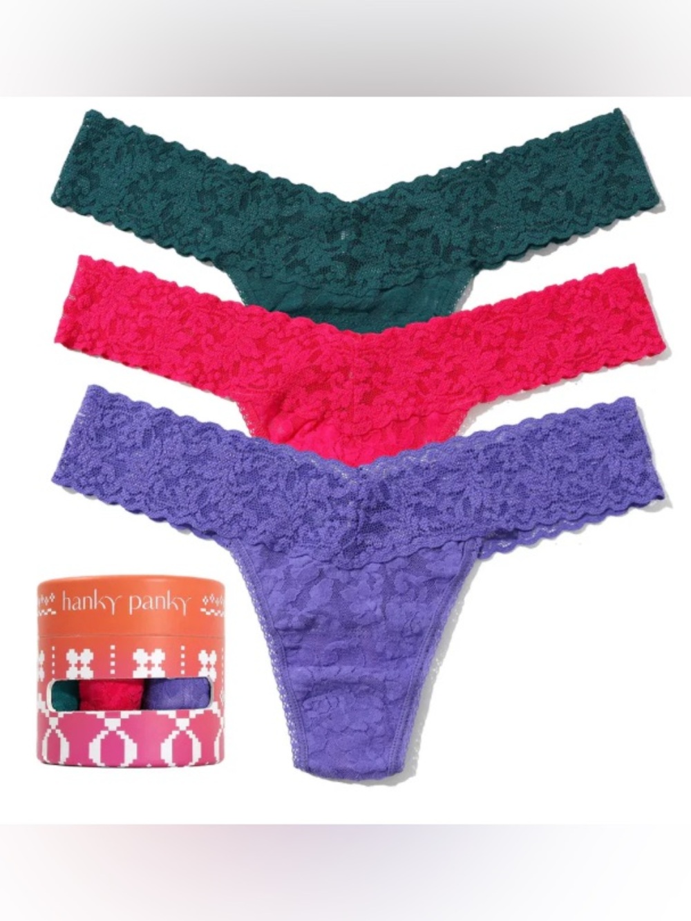 Hanky Panky Lace Thong 3-Pack in Teal, Fuchsia & Purple Low-Rise New in Box